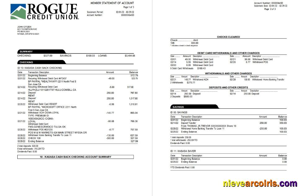 USA Oregon Rogue bank statement 3 pages